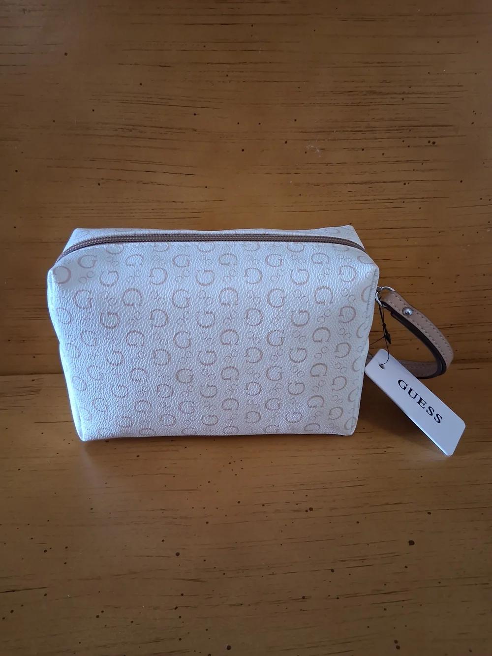 GUESS Cream Cosmetic Wristlet with Taupe Logo Trim